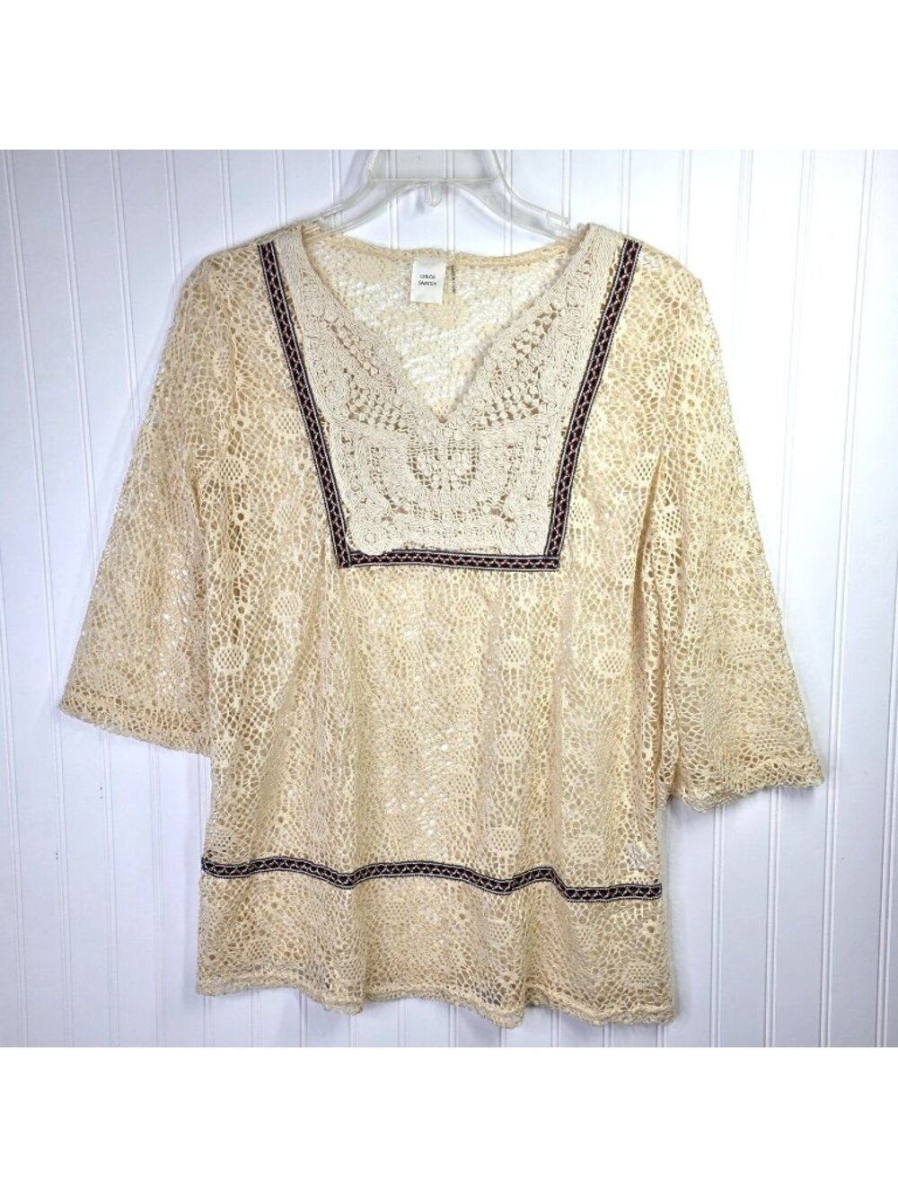 Crochet Tunic Top Womens Large Beige Embroidered Sheer Boho Festive Indie Hippie
